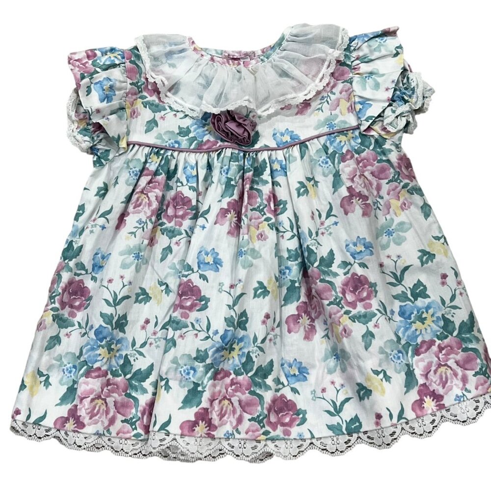 Vintage Bryan Baby Dress  Floral Print  Lace Trim  Size 6M